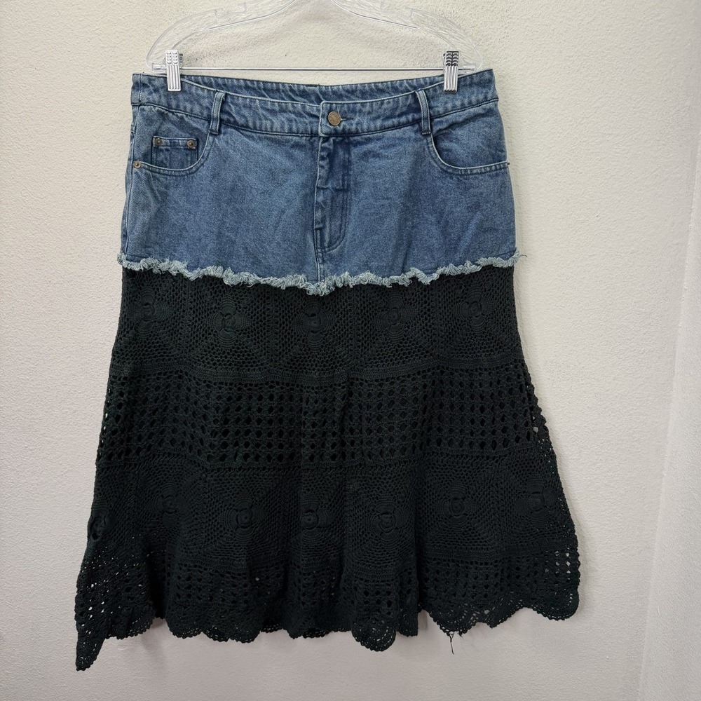 Pyramid Collection Denim Crochet Boho Maxi Skirt Western Festival Whimsigoth 12